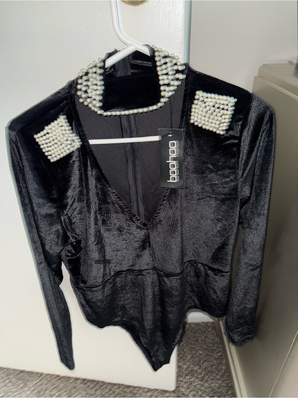 Black Velvet Pearl-Embellished Bodysuit